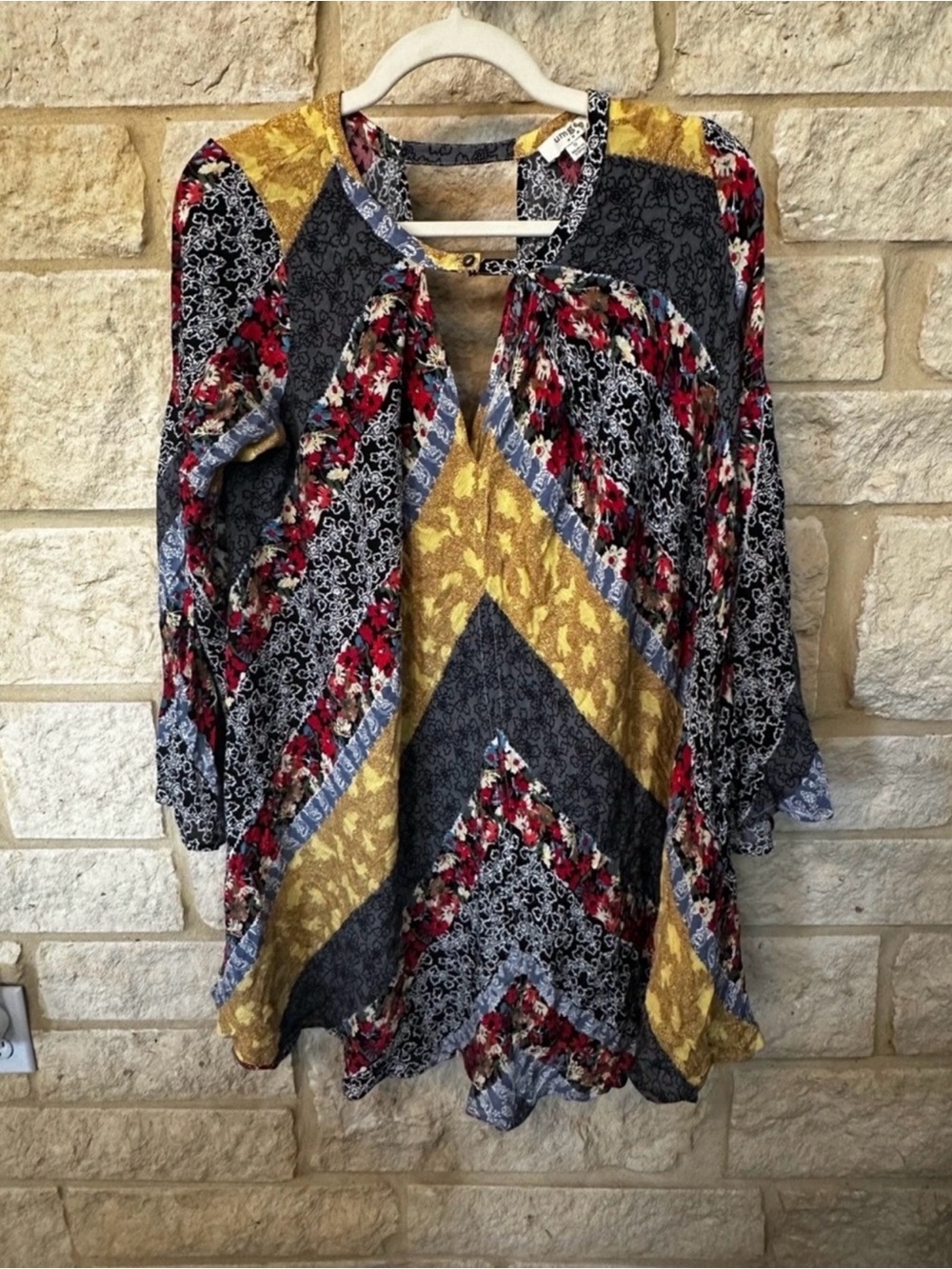 Umgee Yellow, Black & Red Mixed-Print V-Neck Patchwork Tunic/Dress